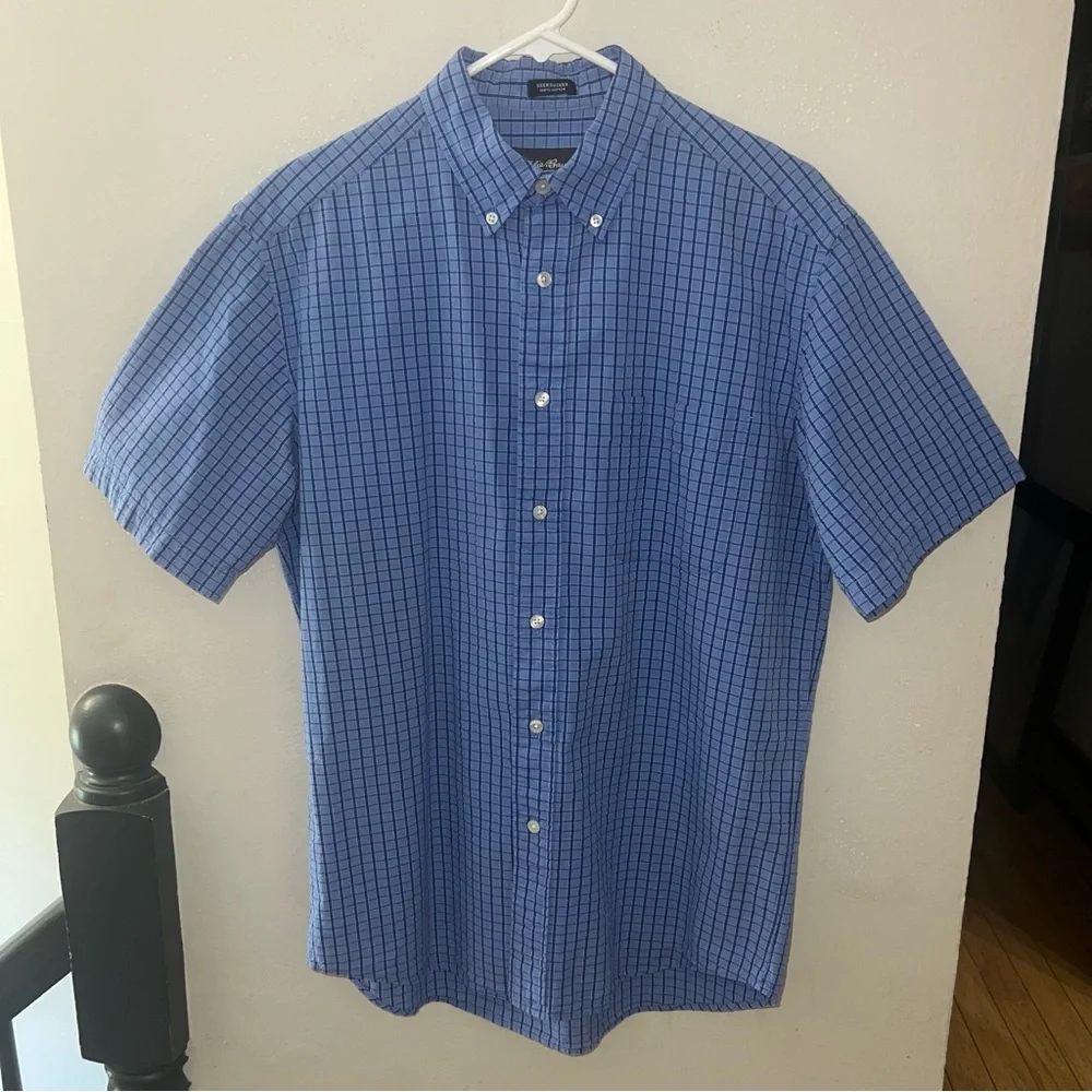 Eddie Bauer Men’s Small Blue Seersucker Checkered Short Sleeve Shirt - Picture 1 of 6